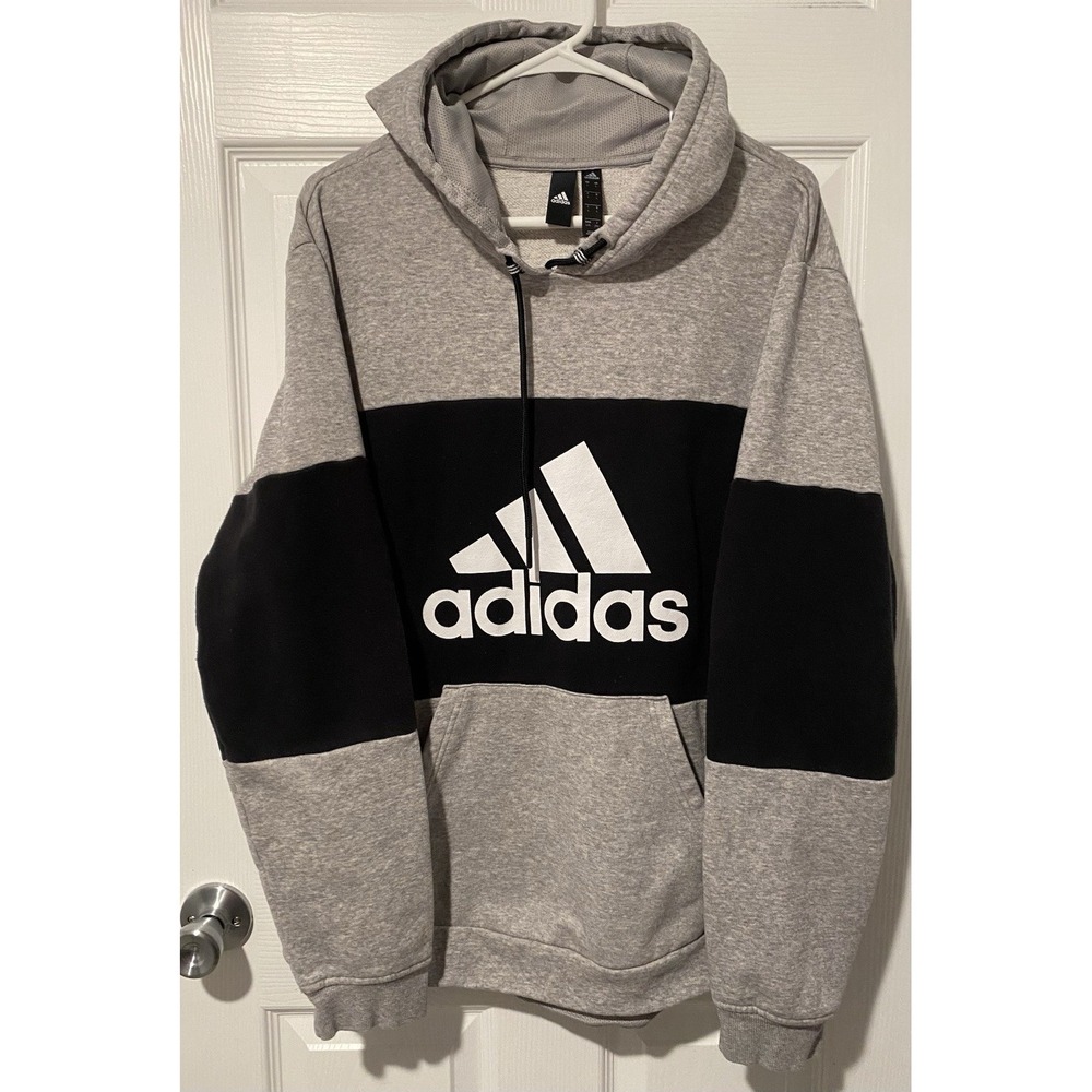 adidas Mens L Essentials Fleece Colorblock Hoodie Gray Black Big Logo Sweatshirt